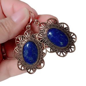 Barse Thai Oval Drop Dangle Earrings Lapis Lazuli Bronze Frame & Hook Marked 925